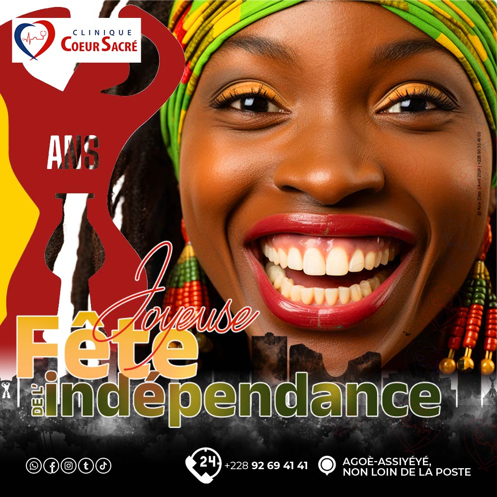 Ensemble, rendons hommage à notre identité nationale. Poursuivons notre chemin vers un avenir prospère, en favorisant la santé, le bien-être et l'unité pour tous. Joyeux Anniversaire, cher Togo ! #64AnsDIndependance #FiertéNationale #Togo #CliniqueCoeurSacré 🌟🇹🇬