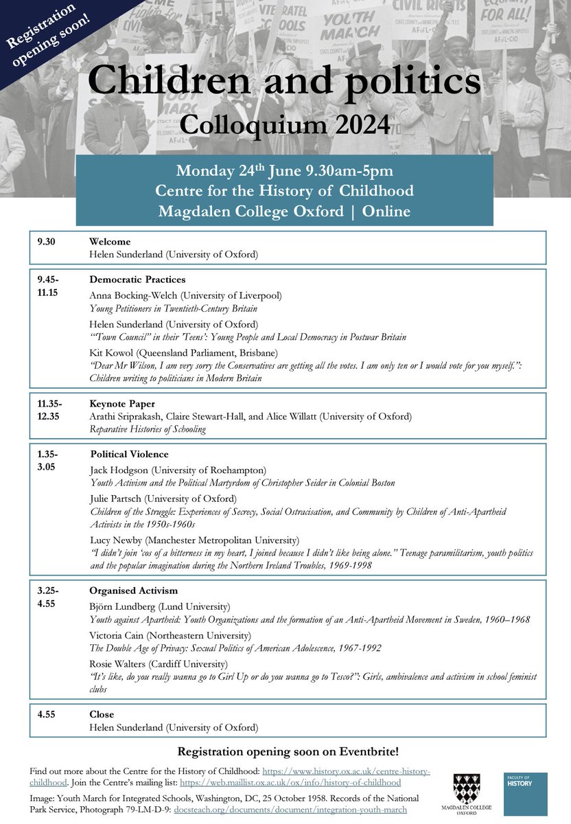 *SAVE THE DATE* We're delighted to share the provisional programme for this year's Centre for the History of Childhood colloquium on 'Children and politics'. Monday 24 June 9:30-5 at Magdalen College Oxford & online. Check out our fab line-up of speakers! Registration opens soon!