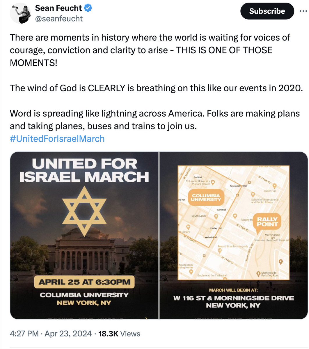 With McInnes showing up yesterday and now Feucht (a prominent Christian nationalist with close links to far-right extremists) talking about people 'taking planes, buses and trains' to his pro-Israel march at #ColumbiaUniversity today, it's definitely something to pay attention to