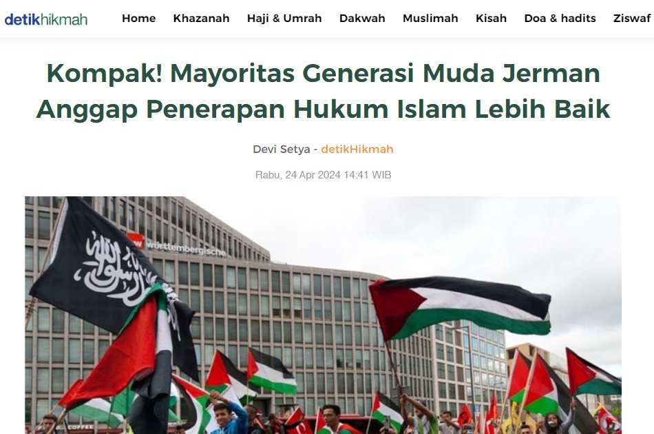 kusmansadik's tweet photo. Kompak! Mayoritas Generasi Muda Jerman Anggap Penerapan Hukum Islam Lebih Baik
___

Alhamdulillah berarti dakwah Islam kaffah sukses di Jerman, khususnya di kalangan mudanya. 

Ini satu pencapaian menarik ditengah massifnya propaganda Islamophobia di Eropa termasuk di Jerman. https://t.co/lmTEFujjL9