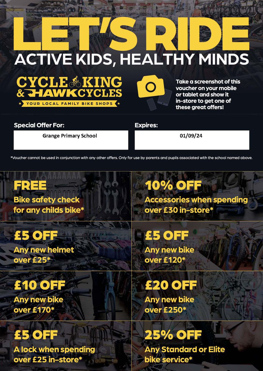 Cycle King Discount Vouchers Take the advantage of special offers for @GrangeHarrow from the local family bike 🚲 shop. Offer expires on 1st Sept 2024 Instruction to use the voucher is in the leaflet below. #Fittness #exercise