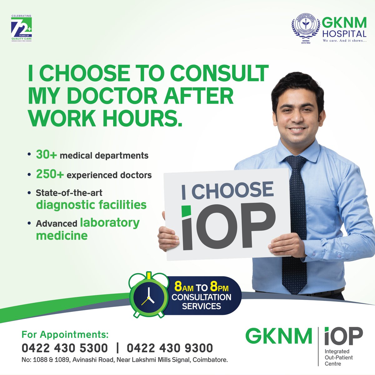 Busy with work and looking to consult your doctor after work hours? Worry not. GKNM iOP offers consultation services from 8 a.m. to 8 p.m. Your health is our utmost priority. Choose GKNM iOP! To Know More - gknmhospital.org/iop/ \ 0422 430 5300 / 0422 430 9300 #GKNM #GKNMiOP