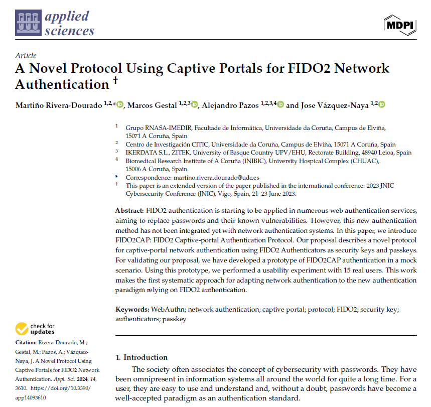 Nova publicación do grupo RNASA - IMEDIR da @FIC : 'A Novel Protocol Using Captive Portals for FIDO2 Network Authentication'. doi.org/10.3390/app140… arxiv.org/abs/2402.12864