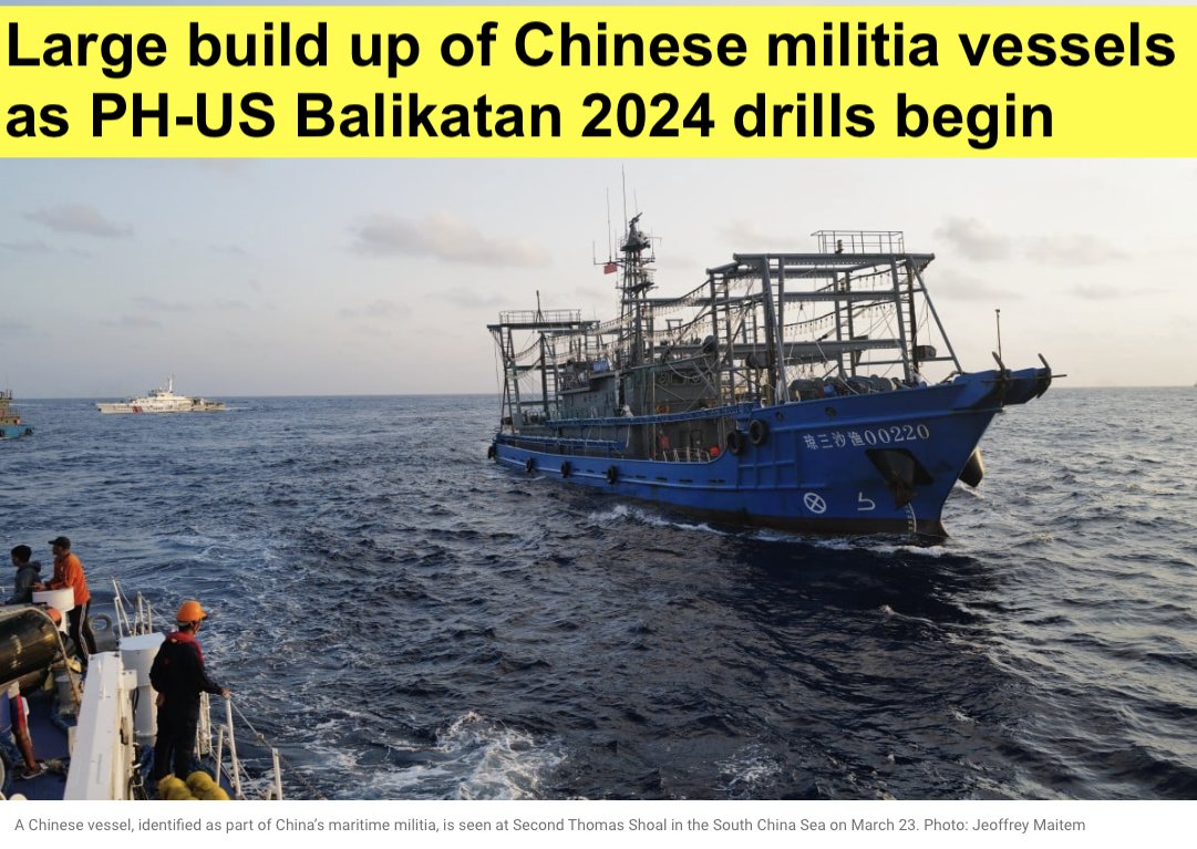 Large build up of #Chinese militia vessels as PH-US #Balikatan2024 drills begin 

The Philippine Navy says 124 Chinese vessels have been detected in the West Philippine Sea since the military drills began on Monday

The average is 60 Chinese vessels per week for the two months