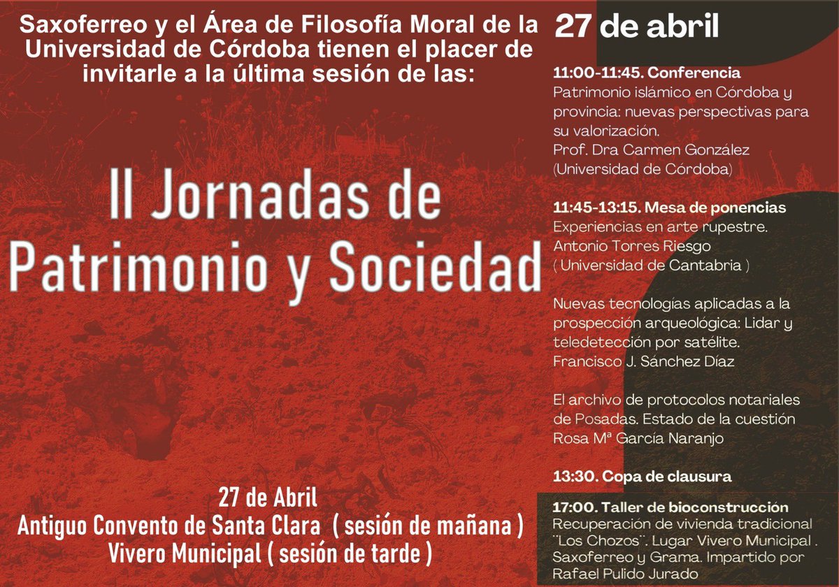 Next Saturday our colleague @Torres_Riesgo will speak about palaeolithic rock art and virtual reality experiences at the II Jornadas de Patrimonio y sociedad in Palma del Río (Córdoba)🐴💻
 #rockart #VR