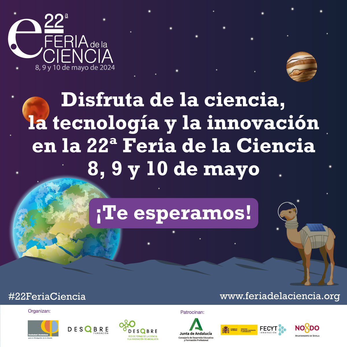 📍La #ciencia, #investigación, #innovación y #tecnología se darán cita en #Sevilla en la #22FeriaCiencia. Del 8 al 10 de mayo, en @fibesevilla, podremos disfrutar de un espacio expositivo de encuentro✅ ¡Visítanos con tu centro educativo!😉 ℹ️ feriadelaciencia.org