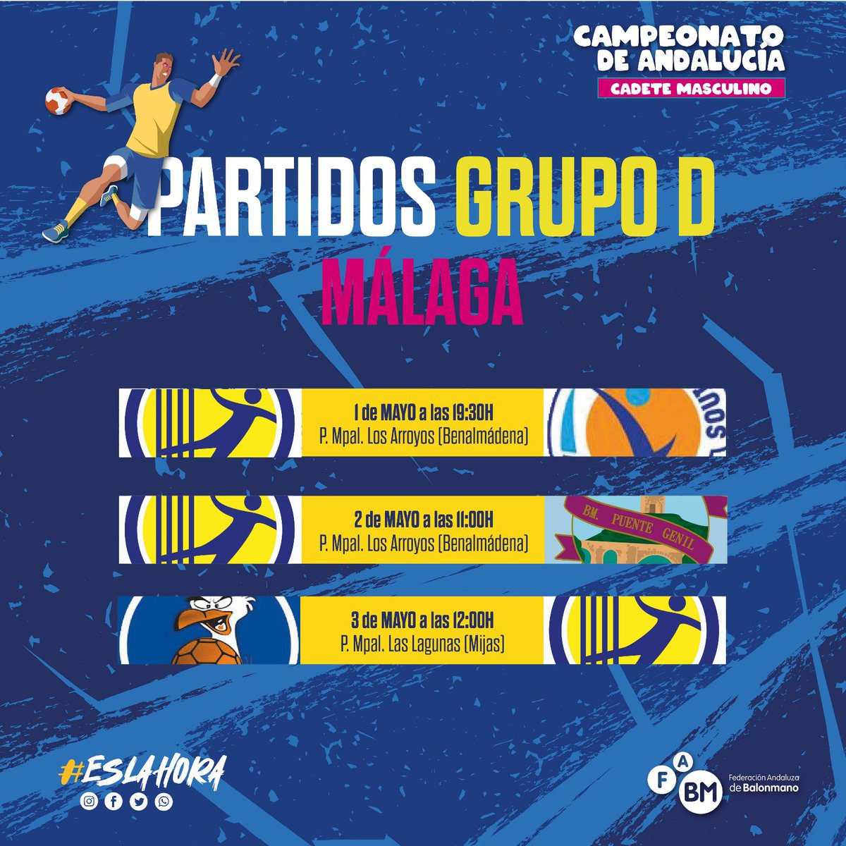 🏆 Nuestros cadetes viajarán a Málaga la próxima semana para disputar el #Cadeba2024. 

🕒 HORARIOS
📍1 de mayo a las 19:30h 🆚 Club Polideportivo Agustinos
📍2 de mayo a las 11:00h 🆚 Club Balonmano Ángel Ximénez Puente Genil
📍3 de mayo a las 12:00h 🆚 EM Carboneras 

💛💙