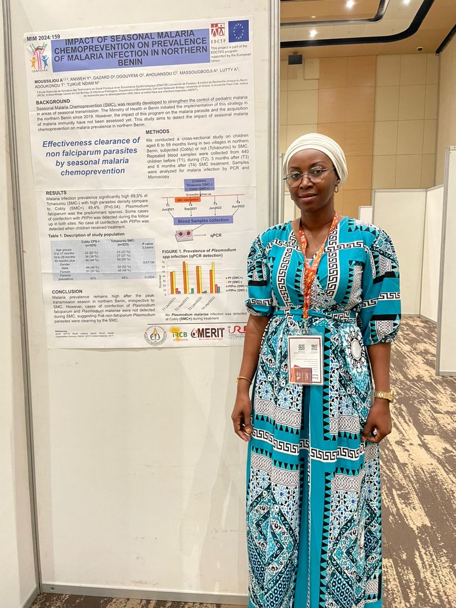 EDCTP Career Development Fellow Dr Azizath Mousilliou is at #MIM2024 presenting her work on the impact of SMC on the prevalence of #malaria infection in children in northern Benin. #WorldMalariaDay