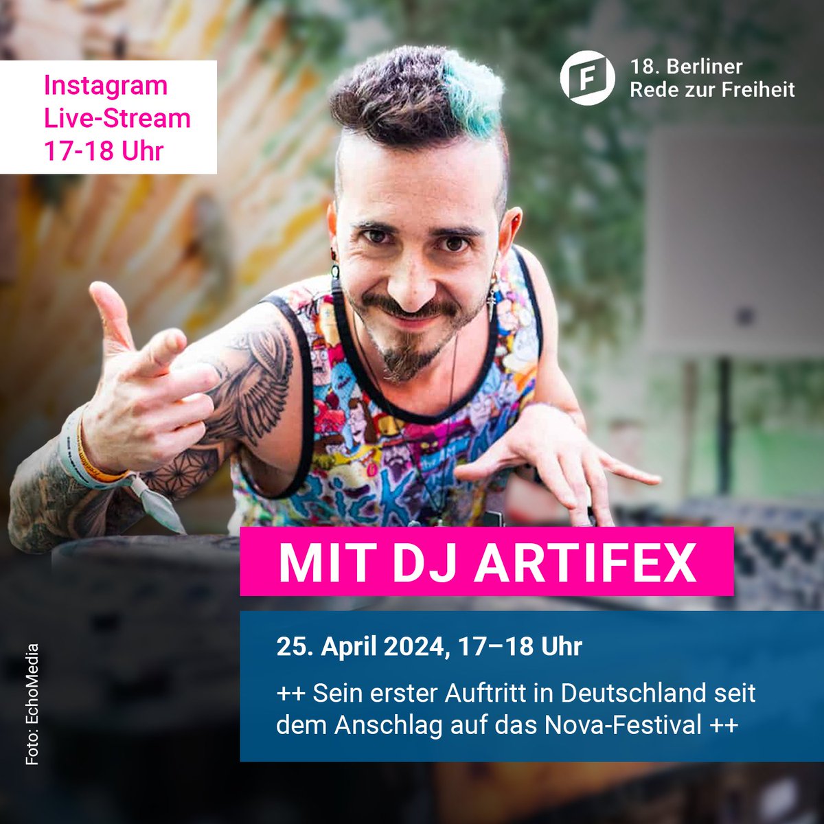 🚀 Heute um 18 Uhr startet die 18. Berliner Rede zur Freiheit mit Michel Friedman. 🎧🎶 Eröffnet wird die Veranstaltung von DJ Artifex. Der Israeli war der letzte DJ auf dem Nova-Festival vor dem Hamas Massaker und hat seitdem seinen ersten Auftritt in Deutschland. Sein Set wird…