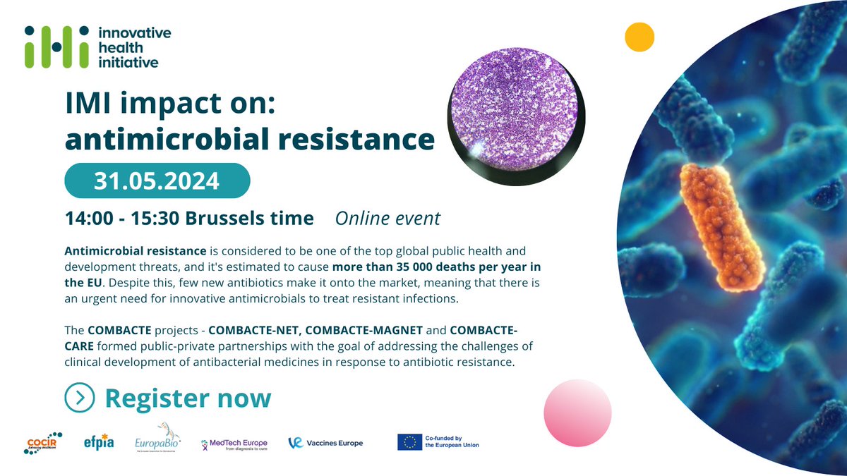 Join us online on 31 May 2024 for our Impact event on #AMR! Discover how the @COMBACTE projects leveraged #PPP to combat #AntimicrobialResistance, which causes more than 35K deaths/year. 🗓️31 May ⏰ 14:00-15:30 CET 👉Register: europa.eu/!V6mTBY #EUResearch #EUInnovation