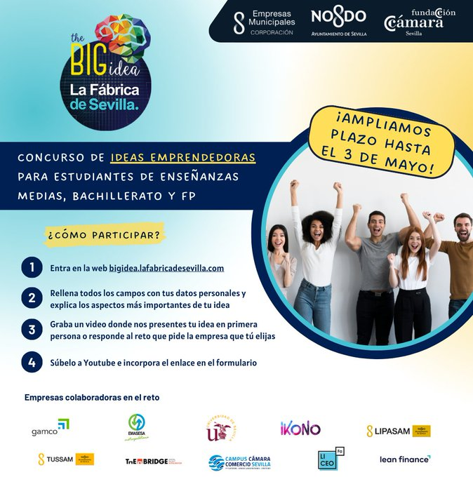 A𝐮́n p𝐮e𝐝e𝐬 𝐩a𝐫t𝐢c𝐢p𝐚r 💡 #TheBigIdea @FabricaSevilla ✅ Presenta tu idea o contesta a uno de los retos propuestos por #empresas. 📣 𝐏𝐋𝐀𝐙𝐎 hasta el 3 m𝐚y𝐨 📣 ¡Toda la info! 👇 bigidea.lafabricadesevilla.com @camaradesevilla @Ayto_Sevilla