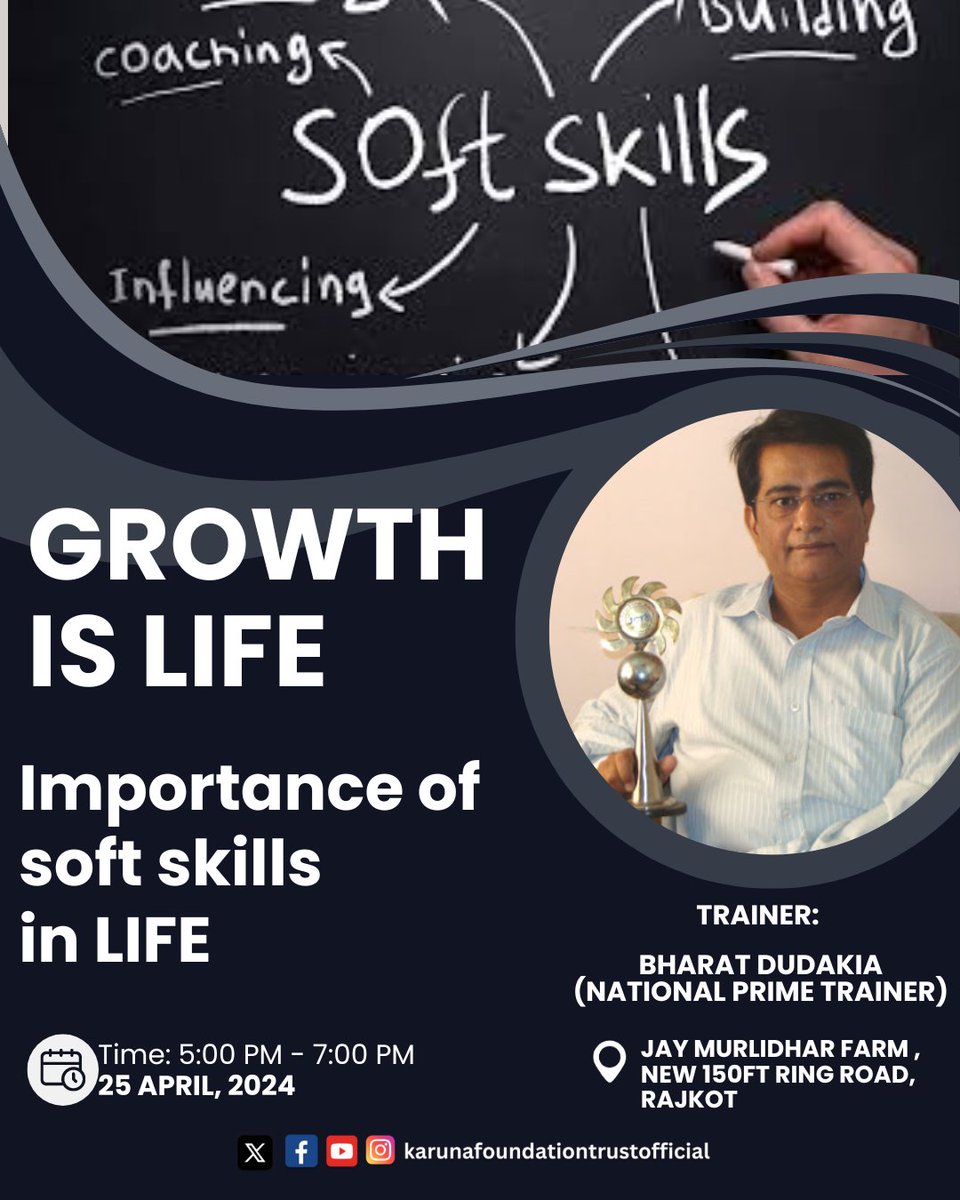 'Unlocking the power of growth and soft skills at Jay Murlidhar Farm, Rajkot! Join us today from 5:00 PM to 7:00 PM as Bharat Dudakia, National Prime Trainer, shares insights on the importance of soft skills in life. 🚀 #GrowthIsLife #SoftSkills #PersonalDevelopment #RajkotEvents