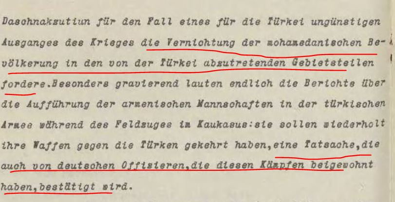 24. Nisan 1915 tutuklamalarından sadece birkaç gün önce Alman büyükelçisi Wangenheim önemli bir duyum aktarmış (Berlin’e/Merkeze). „Taşnakların Rusya şubesi – savaşın Türkiye´nin aleyhinde sonuçlanması durumunda- Osmanlı’dan taksim edilecek bölgelerde Müslüman halkın imhasını…