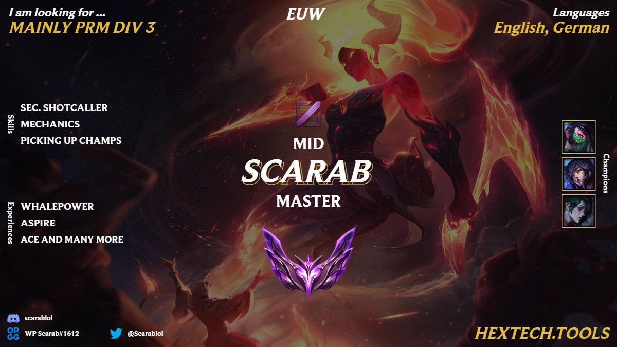 I am officially LFT again after a very fun run with @Whalepower_LoL After my second Split as a Mid laner im starting to feel very comfortable on Mid and stepped up my Game a lot. Feel free to reach out to me, @Lateon_LoL or to @CoachSimmion for any more Info. <3 Rt and likes