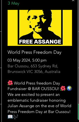 We're attending a special @AssangeCampaign event on World Press Freedom Day @BarOussou 653 Sydney Rd, Brunswick 5pm - 3am Let's make some noise for freedom of Julian Assange! Reserve your entry here: actionnetwork.org/events/world-p… #FreeAssangeNOW #BringAssangeHome