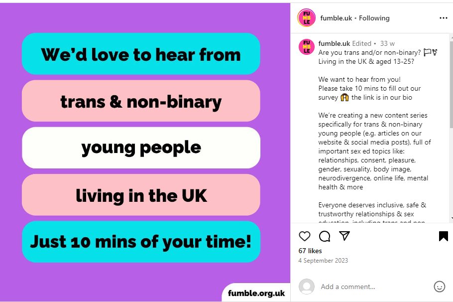 Fumble wants to hear from *kids as young as 13* about their experience of being trans & topics such as consent and pleasure. Is this not grooming? Instagram, of course. 🧵