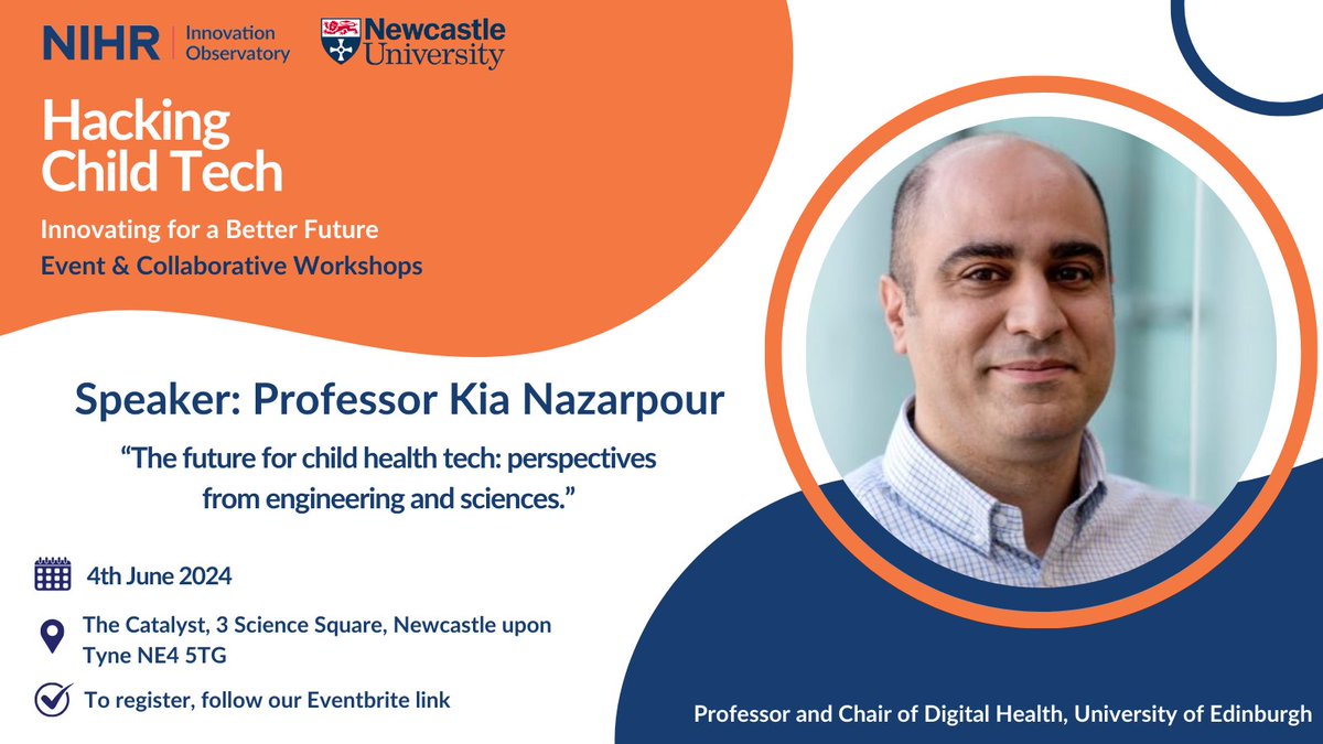 We’re delighted to share that Professor Kia Nazarpour will be presenting at our upcoming “Hacking Child Tech” event! Kia is a Professor of Digital Health, with expertise across science, innovation, and engineering. Register your place👇eventbrite.co.uk/e/nihr-innovat…