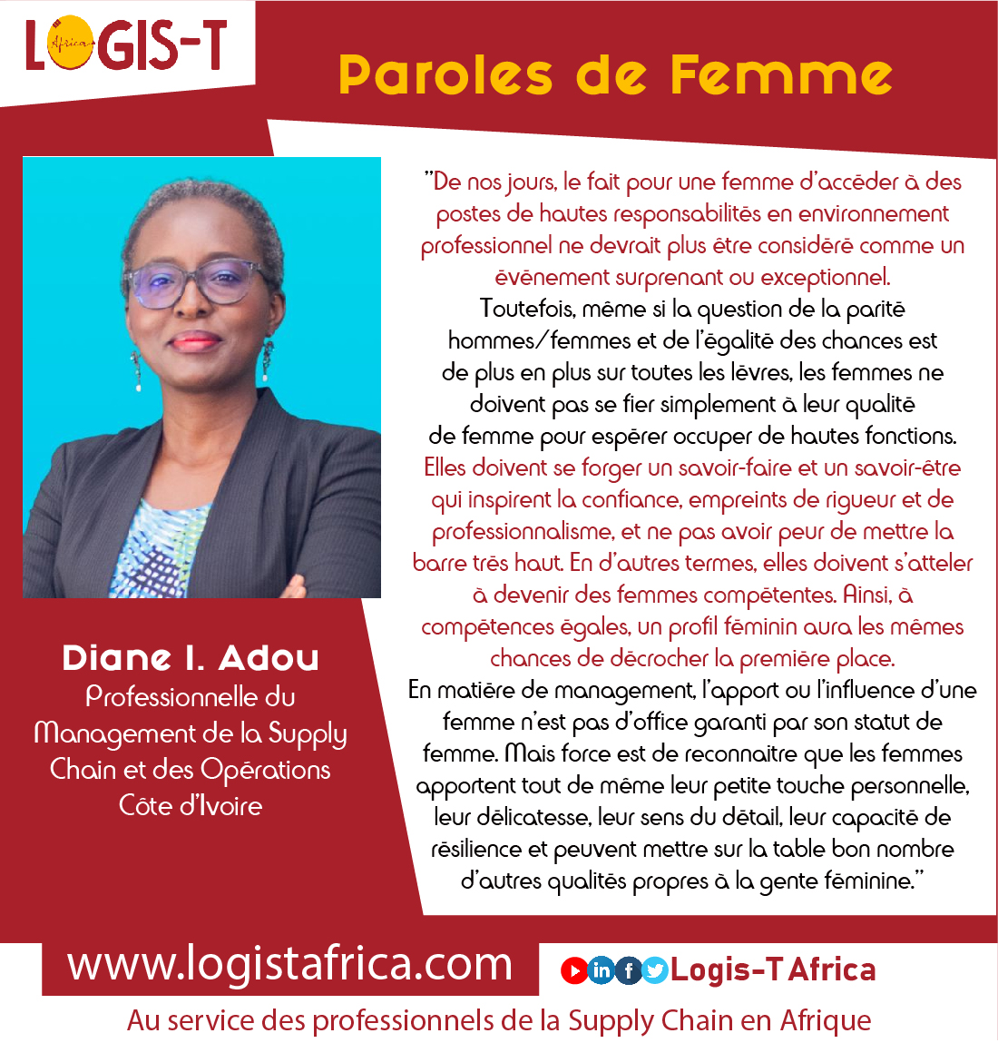 𝗣𝗮𝗿𝗼𝗹𝗲𝘀 𝗱𝗲 𝗙𝗲𝗺𝗺𝗲 Diane I. Adou - Professionnelle du #Management de la #SupplyChain et des Opérations / Côte d’Ivoire LogisT Africa - Au service des professionnels de la supply chain en Afrique #Logistique #cotedivoire #leadershipfeminine #paroledefemme #Afrique
