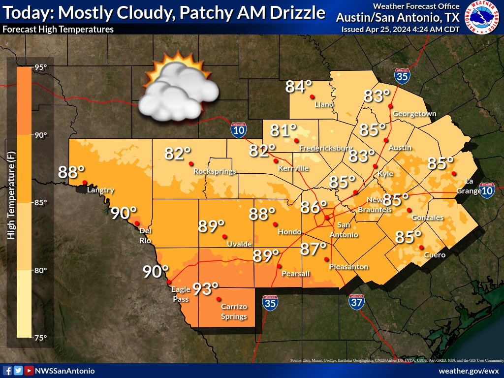 Mostly cloudy and warm. Patchy morning drizzle possible. Highs in the 80s for most areas, near 90 along the Rio Grande.