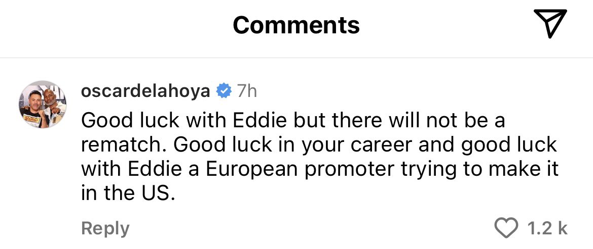 Oscar De La Hoya leaving a comment on Devin Haney’s Instagram post reflecting on the Ryan Garcia fight and calling for a rematch…