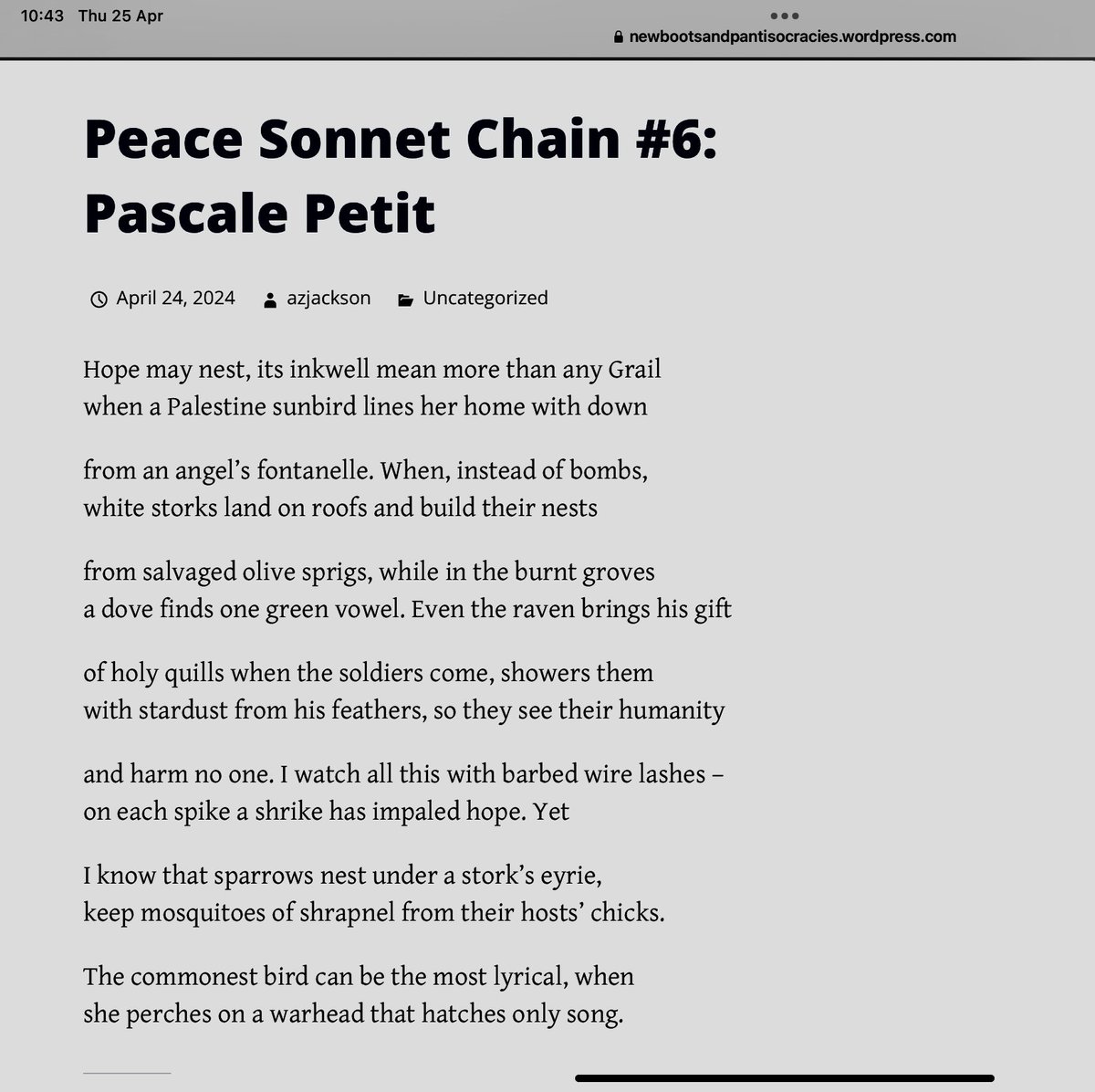My peace sonnet is #6 in the sonnet chain, thanks to @billherbert for asking me, to editors @jsaphra & @Azjackson we chase the thing with feathers that is hope, link below takes you to the first 5 peace sonnets, until we have a crown on @NEUboots24 New Boots & Pantisocracies