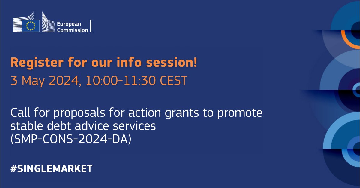 9⃣ days left until the info session on the call for proposals for action grants to promote stable debt advice services! Want to learn more about this call? Join our info webinar on 3 May! 🕑10.00-11.30 CEST Check out the agenda & register by 30 April 👇 europa.eu/!D6nCxD