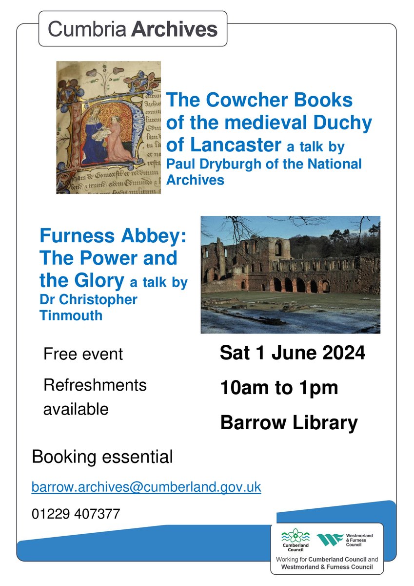 Join #Barrowarchives in Barrow Library for 2 talks on 1 June: Cowcher Book of the Duchy of Lancaster and Furness Abbey. Event is free but booking is essential barrow.archives@cumberland.gov.uk 01229 407377
#furnessabbey #lancashire