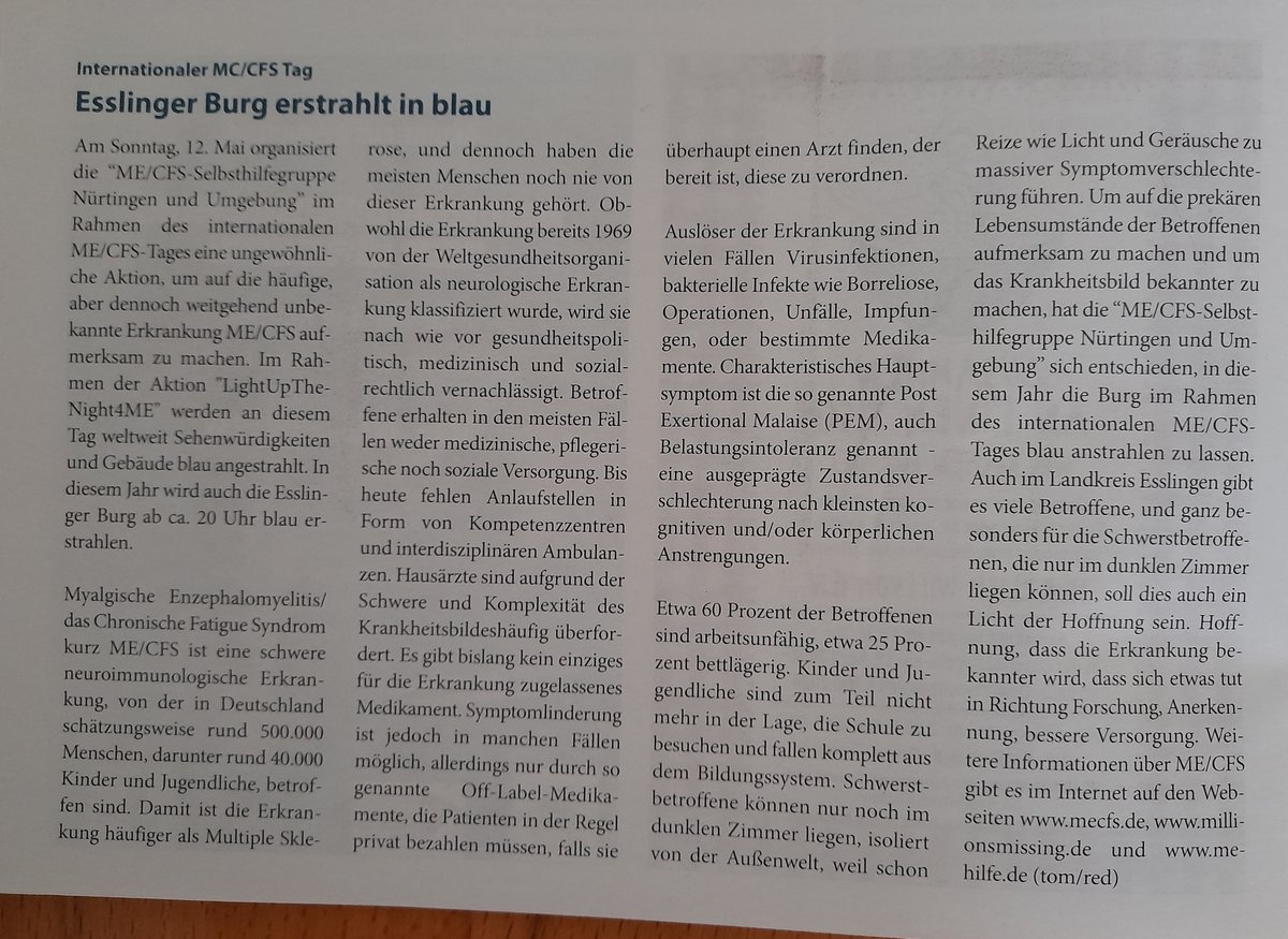 Unsere Pressemeldung  für den #MECFSAwarenessDay bzw. die #LightUpTheNight4ME-Aktion der #BurgEsslingen ist im Esslinger Mitteilungsblatt für die Stadtteile Berkheim und Zell erschienen. 🤩