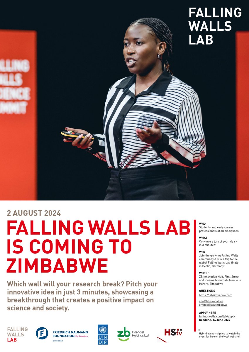 🚀 Calling all innovative minds in Zimbabwe! 🇿🇼 
The Falling Walls Lab Zimbabwe applications are open. Got a groundbreaking idea? Share it in just 3 minutes and break down walls! Apply now and make your mark on the global stage.
#FWLZIM2024 #innovation #fallingwallslab