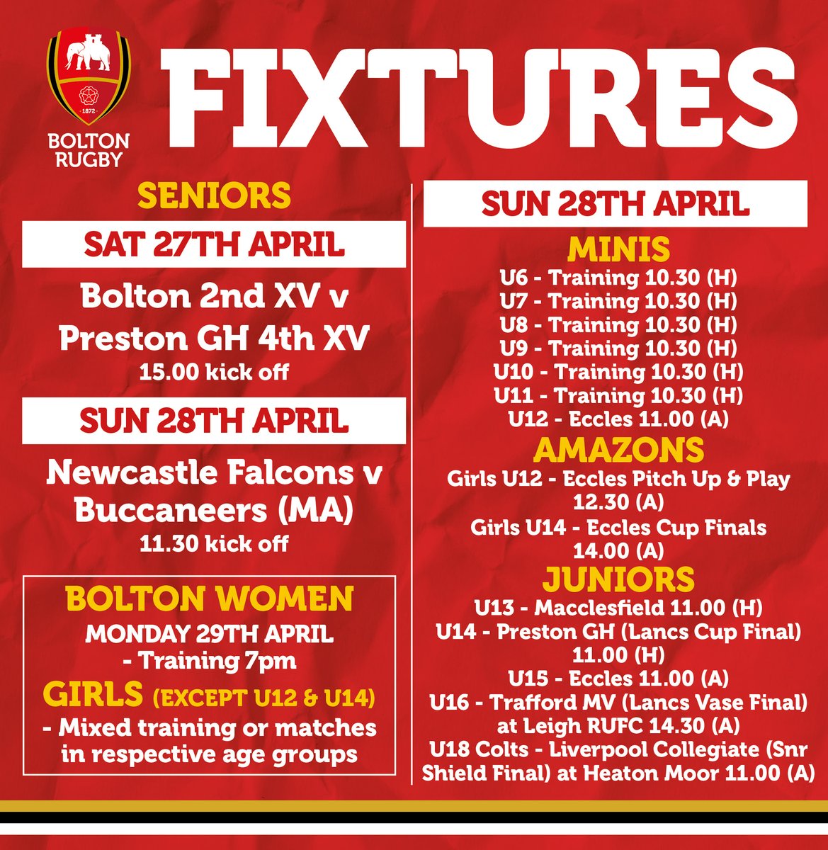 Final fixtures of the season!
On Sat our 2nd XV are at home to @RugbyHoppers. On Sun @BuccaneersMA are travelling to Newcastle to play @FalconsRugby MA & will also be playing at half time during @FalconsRugby v @SaleSharksRugby 
Good luck to all our juniors playing in cup finals!