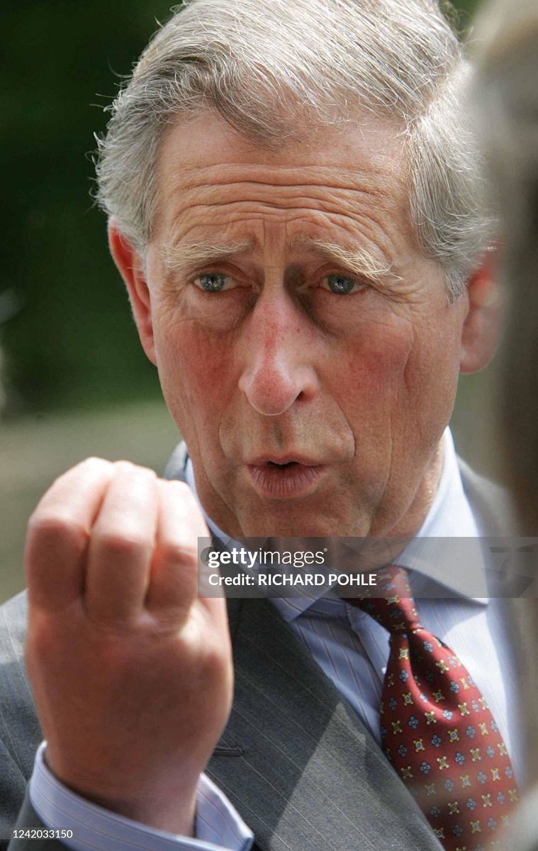 Prince Charles stands on a low wall in one of his gardens to address members of the National Gardens Scheme following a tour they had of the gardens of Highgrove house (2005)