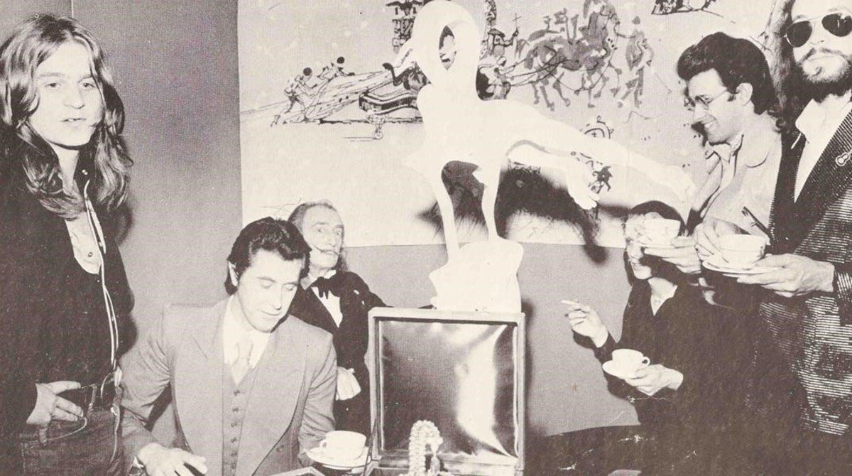 Roxy Music taking tea with Salvador Dali at the hotel Le Meurice in Paris, April 1973.