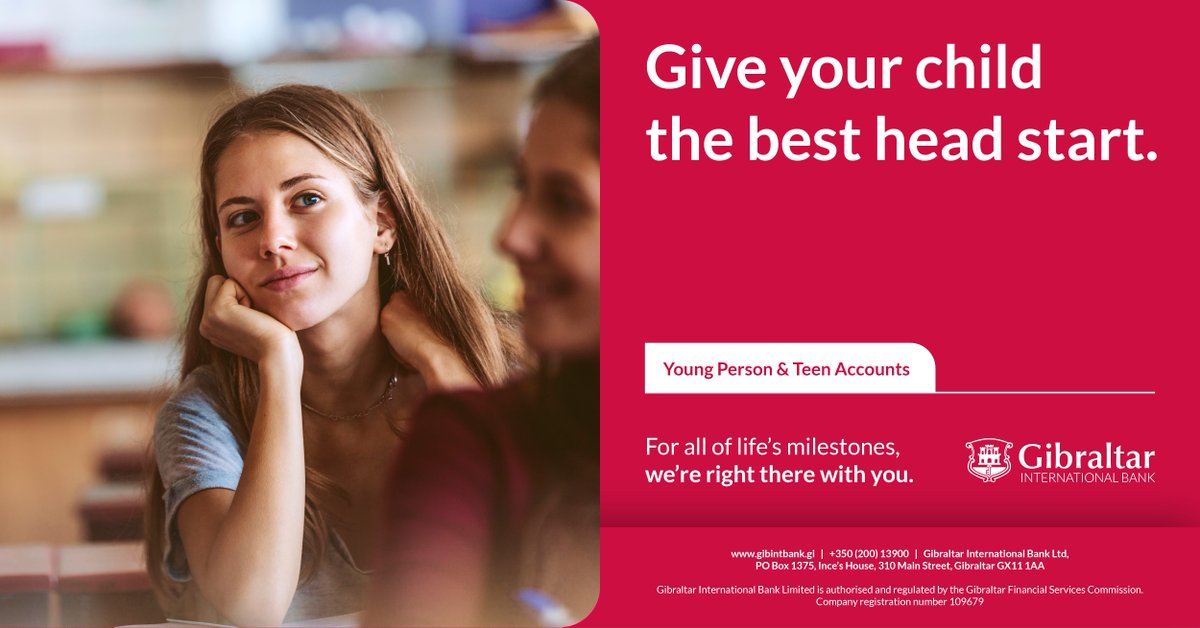 Give your child the best head start. Set them up with an account designed to meet their financial needs.
For all of life's milestones, we're right there with you.

Visit gibintbank.gi/youth to learn more