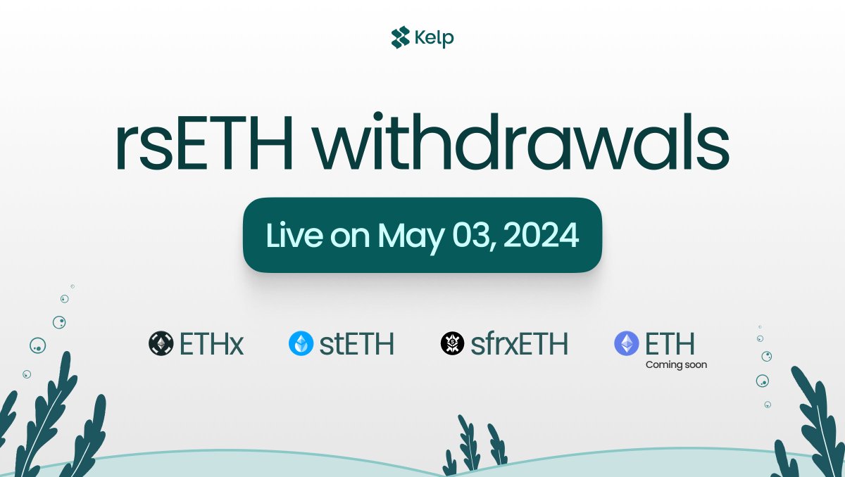 Withdrawals for $rsETH will be enabled on May 03, 2024. 🌱

You'll be able to redeem your $rsETH for one of the three LSTs from the withdraw pool — $ETHx, $stETH and $sfrxETH. Redemptions in native $ETH will follow suit soon!

Thank you for joining us on this journey and