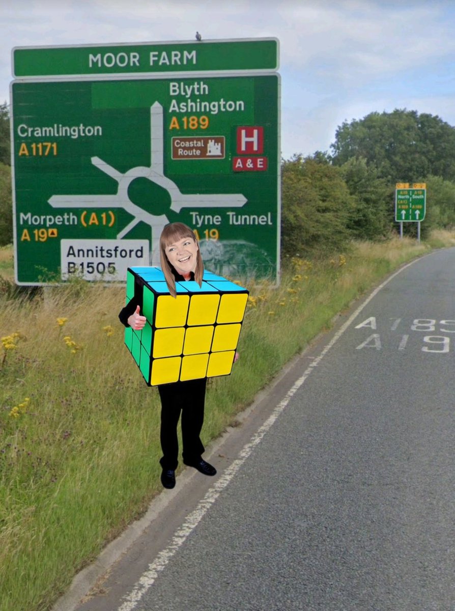 Apparently, @stephfinnon is looking for fancy dress ideas for a 1980s themed party. Here's an artist's impression of Steph trying to thumb a lift to the party - dressed as a Rubik's Cube. Cumbrians may not get the in-joke reference... but Geordies will. #MFR