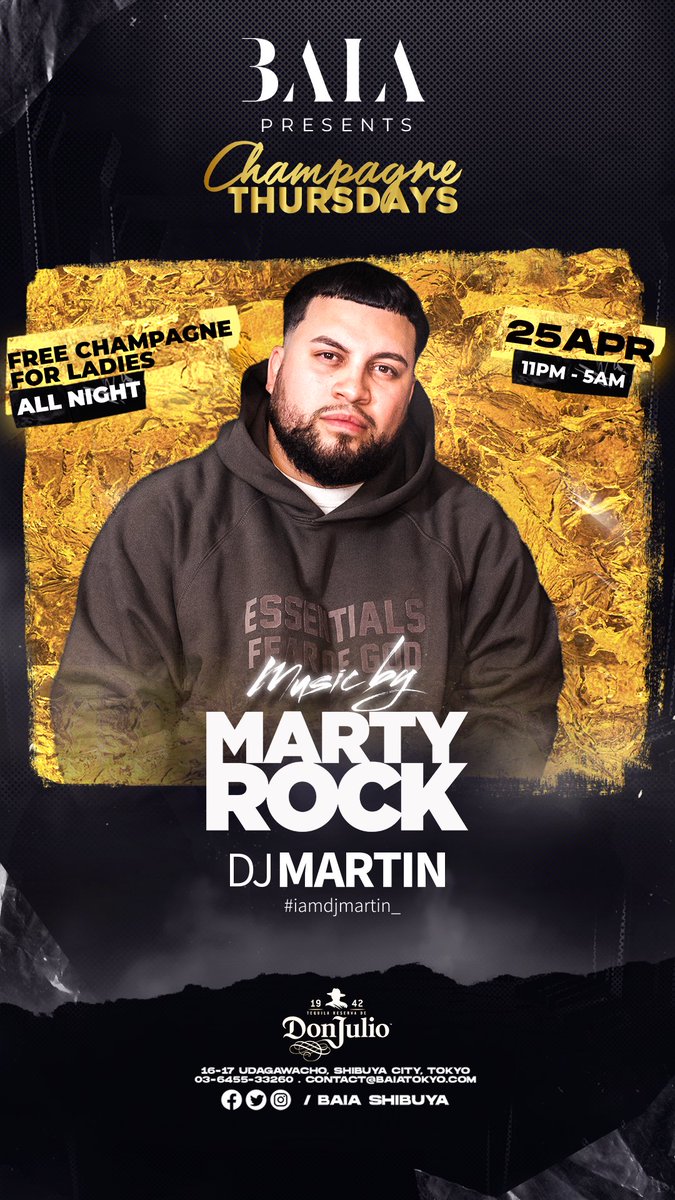 #BaiaShibuya welcomes DJ #MartyRock from New York 🎉
Free champagne for ladies ALL NIGHT! 

#ShibuyaNightlife #バイア渋谷