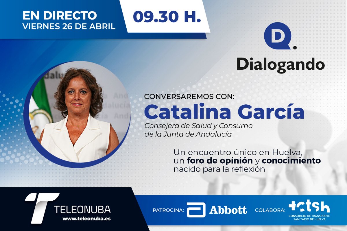 👥 ¡Tienes una cita en un espacio único de conversación! 📅 Mañana viernes 𝟐𝟔 𝐝𝐞 𝐚𝐛𝐫𝐢𝐥, 𝐚 𝐩𝐚𝐫𝐭𝐢𝐫 𝐝𝐞 𝐥𝐚𝐬 𝟗:𝟑𝟎𝐡, podrás asistir en directo desde Teleonuba a la emisión de una nueva edición de Dialogando. #Teleonuba #Dialogando #CatalinaGarcía