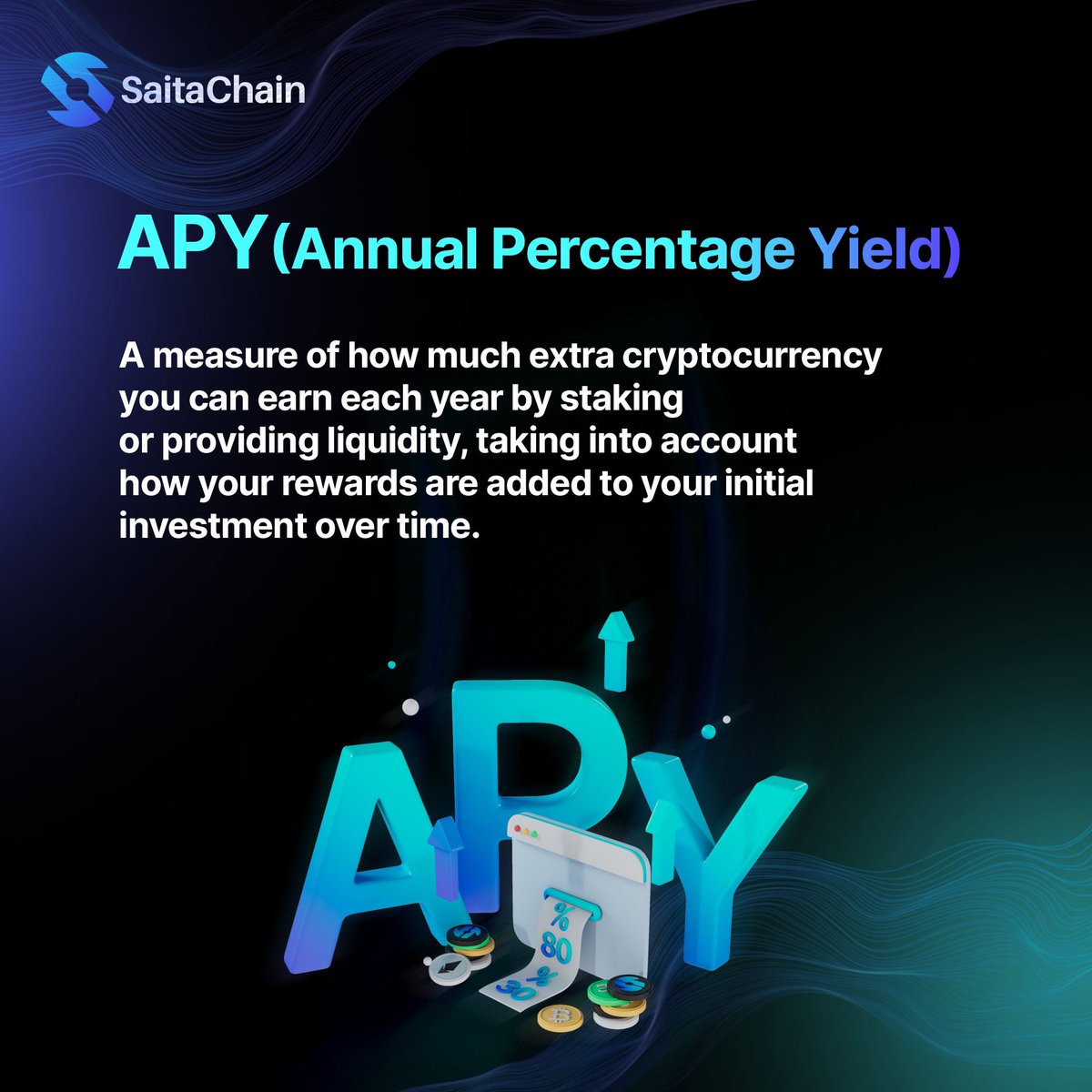 APY is like a piggy bank that rewards you based on how long you hold your coins in it. ⏳ For example, the STC staking program offers a 6% APY in over 60 days! 🏦 Want to know more? Head over to dex.saitachain.com for more information! 💯 #SaitaChain #Staking…