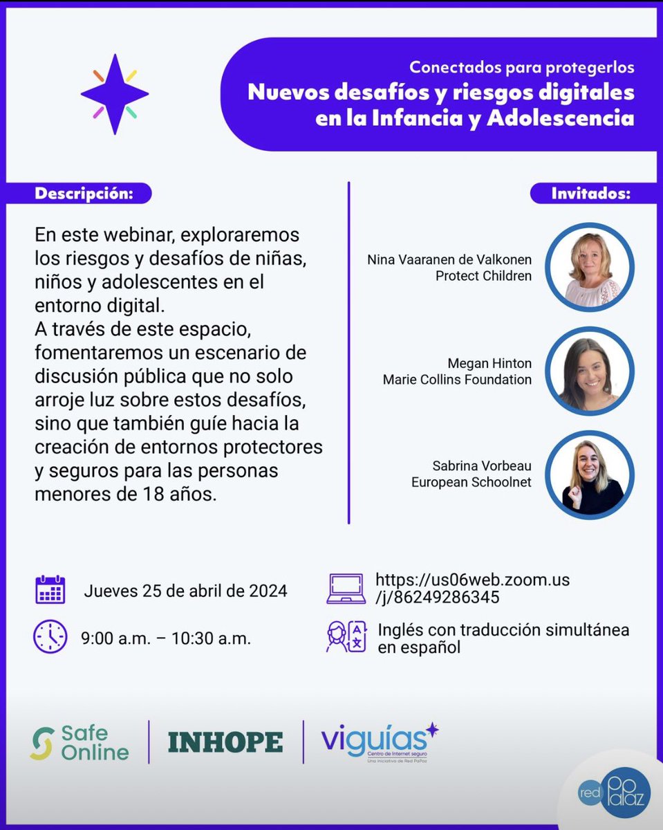 💡Today, our Executive Director @NinaVaaranen will be participating in this insightful webinar organised by @RedPaPaz to delve into the risks and challenges faced by children and adolescents in the digital environment 📲