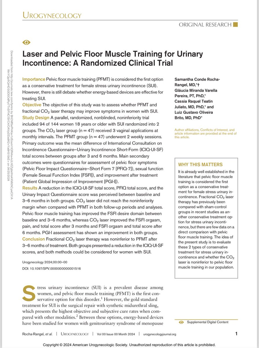 Happy to share with you all our latest article on @UrogynJournal about #laser versus #physiotherapy for #urinaryincontinence. Data are from this RCT with 3 and 6 mo F/U, 12 mo are coming soon to be published, hopefully. @glauciavarella @cassia_juliato