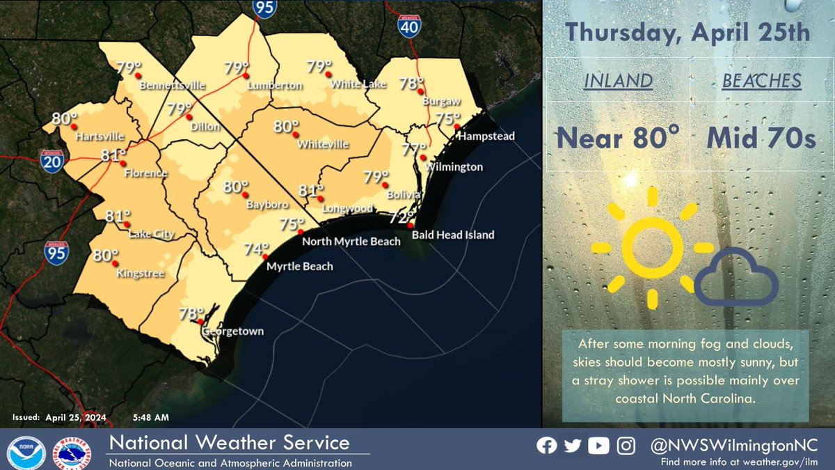 After some morning fog and clouds, skies should become mostly sunny, but a stray shower is possible mainly over coastal North Carolina.