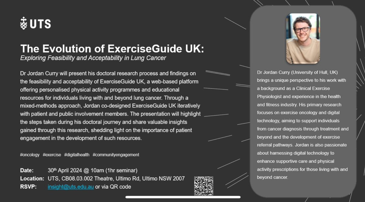 Join me as I present my work on ExerciseGuide UK, a web-based platform offering personalised #exercise programs and resources for those diagnosed with #LungCancer! Join online or at UTS on April 30 at 10am! tinyurl.com/578bnjnu #oncology #digitalhealth #communityengagement