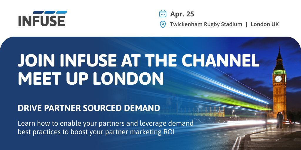 The Channel Meet Up London is today! 

Join INFUSE today at (time) to hear more on how to drive, track, and report on demand, enable partners better, and bring demand best practices into partner marketing. 

There’s still time to register: hubs.ly/Q02tVZM50
