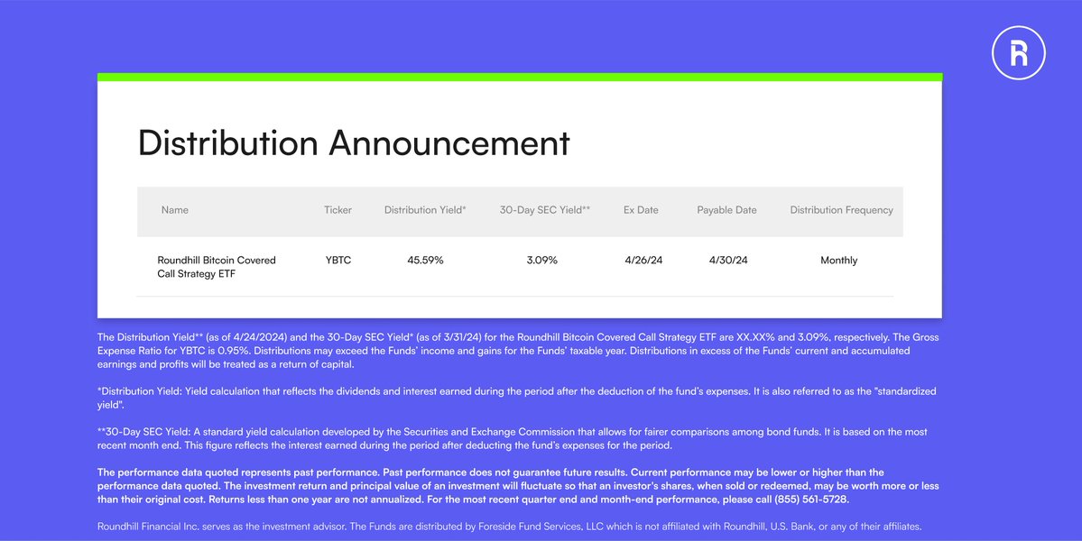 The April distribution has been declared for the Roundhill Bitcoin Covered Call Strategy ETF $YBTC. Distribution Amount: $2.048398 per share Distribution Yield (as of 4/24/24): 45.59% 30-Day SEC Yield (as of 3/31/24): 3.09% Ex-Date: 4/26/24 Payable Date: 4/30/24 For the fund’s