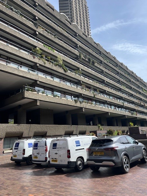 Polyteck vans spotted at City of London Corporation's Barbican site office. Thrilled to partner with this prestigious client, fostering collaboration between our Electrical and Housing teams in this architecturally rich environment #facilitiesmanagement #barbican #newclient