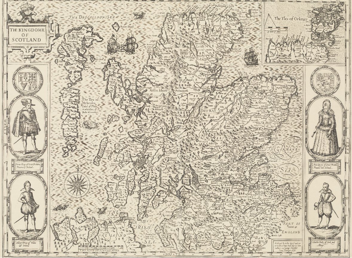 A map of Scotland, 1612. Vignettes show “James, King of Britain, France & Ireland”, with the Queen and princes. This map also includes dramatic touches, with several more sea monsters than are found in most of our maps and plans! Get a close-up view 👇 bit.ly/NRSScotlandMap