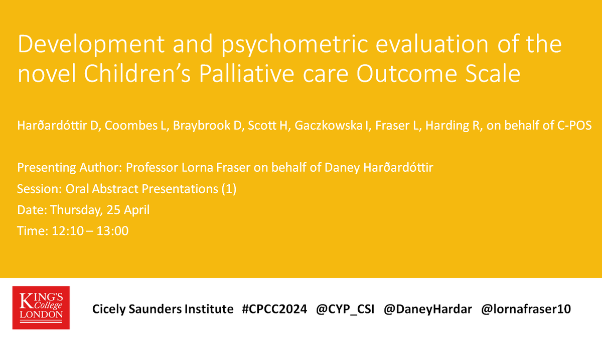 Attending the 6th All Island Children's Palliative Care Conference 2024? Don't miss @lornafraser10 presenting on behalf of @DaneyHardar today on the development and psychometric evaluation of the novel C-POS in the oral abstract presentation session at 12:10pm IST #cpcc2024