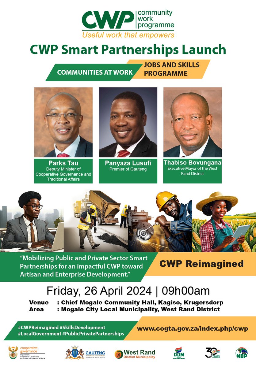 Cooperative Governance and Traditional Affairs @NationalCoGTA Deputy Minister @TauParks will launch the reimagined Community Work Programme #CWP focused on forging Smart Partnerships for amplified impact. #CWPReimagined #LocalGovernment #SkillsDevelopment