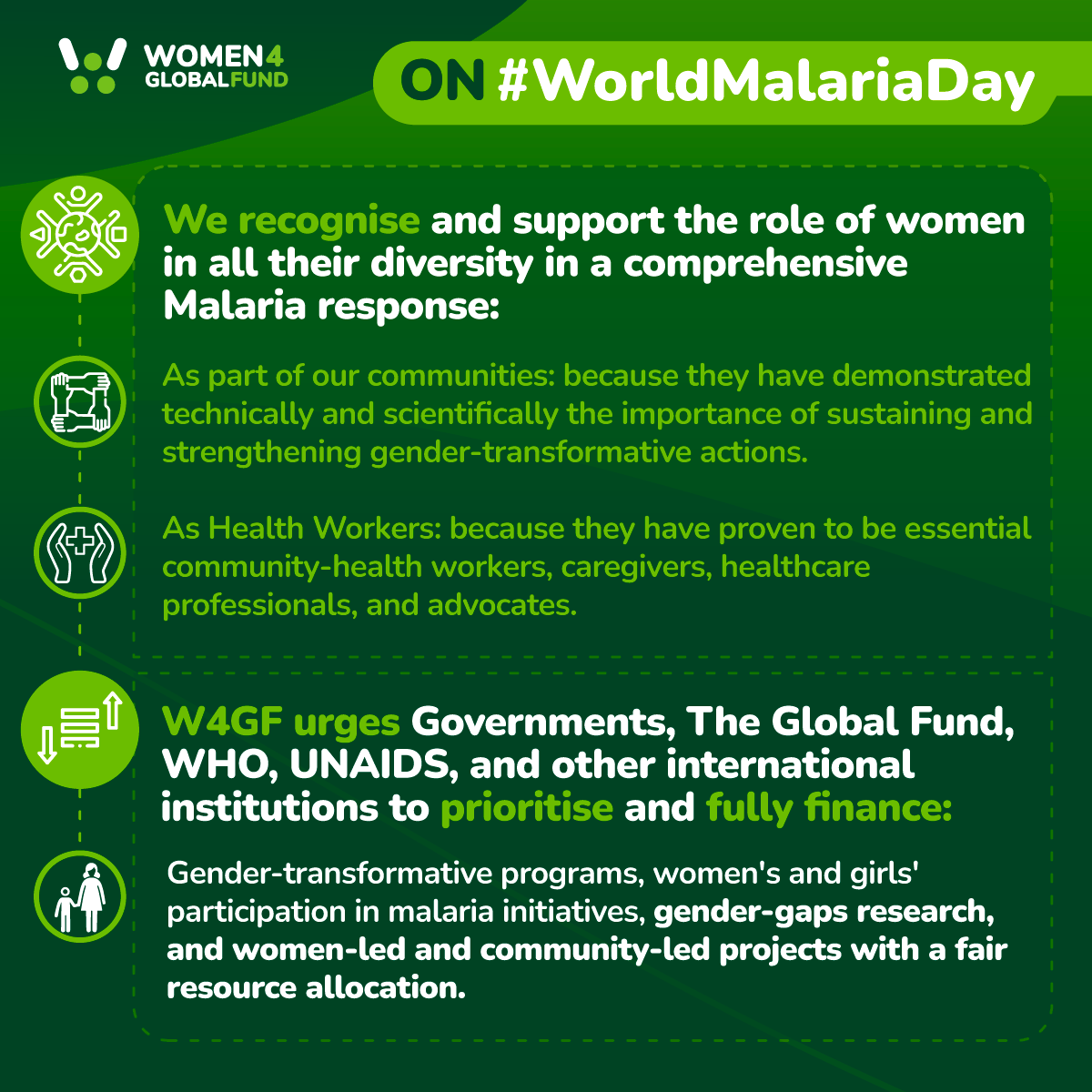 On this #WorldMalariaDay we stand with women in their diversity, recognise their key role as essential community health workers, caregivers and advocates and call international health institutions to #FUNDHERHEALTH