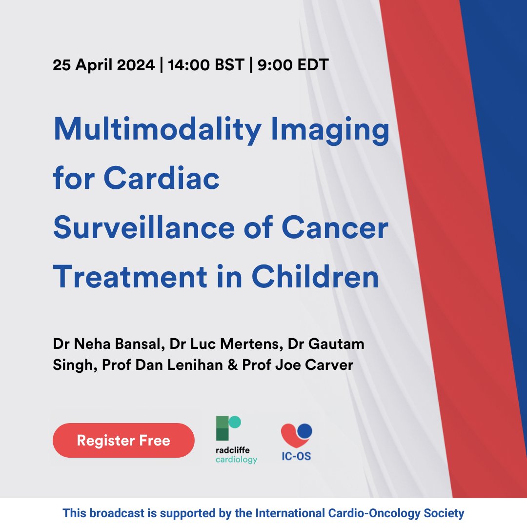 Calling #Oncologists! 👋 Tune in TODAY at 14:00 BST | 09:00 EDT for the next #CardioOnc broadcast titled 'Multimodality Imaging for Cardiac Surveillance of Cancer Treatment in Children' 🔗 ow.ly/FGYS50Rmcwe

#Cardiology #CardioX #CardioTwitter @ICOSociety